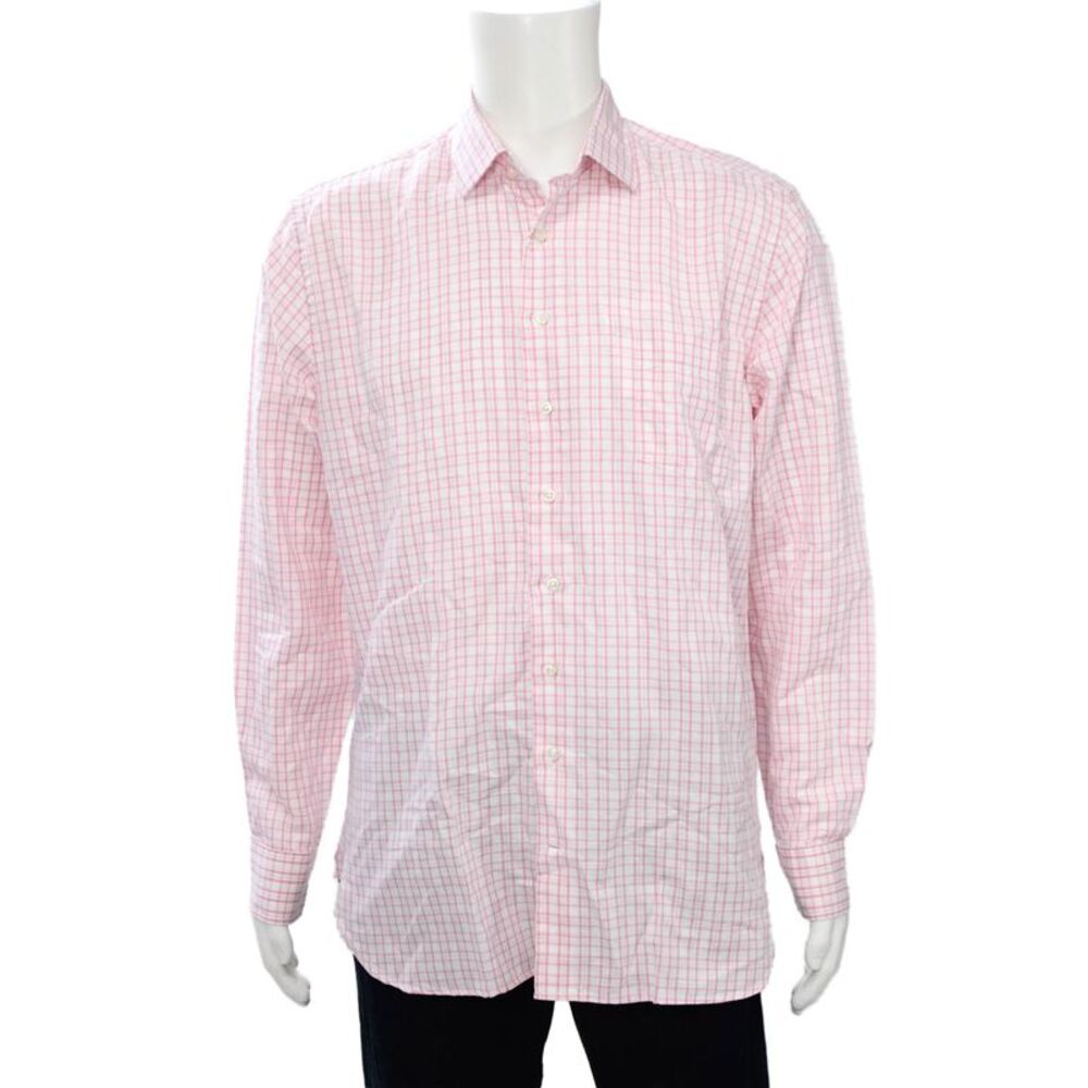 Alan Paine Mens Plaid Johnstone Spread Collar Shirt White Pink Size Medium